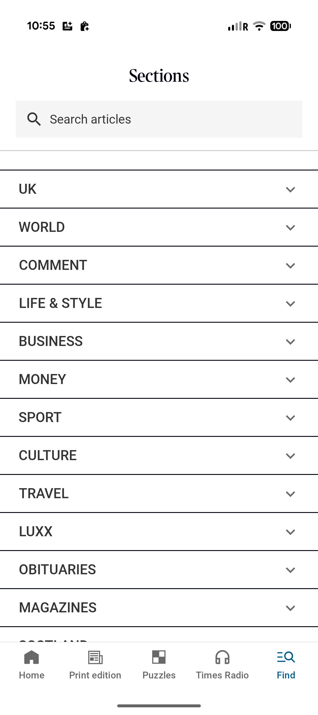 The Times sections navigation menu
