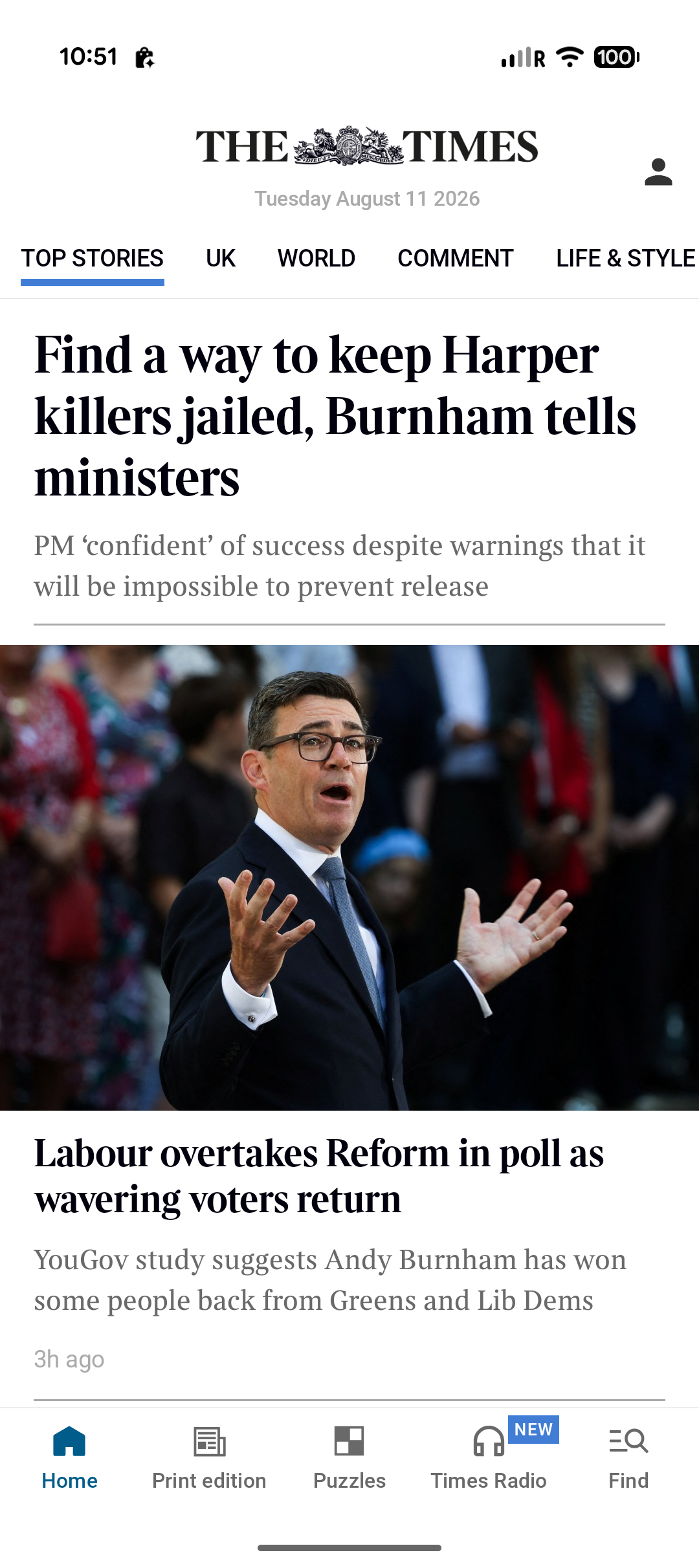 The Times Top Stories home screen
