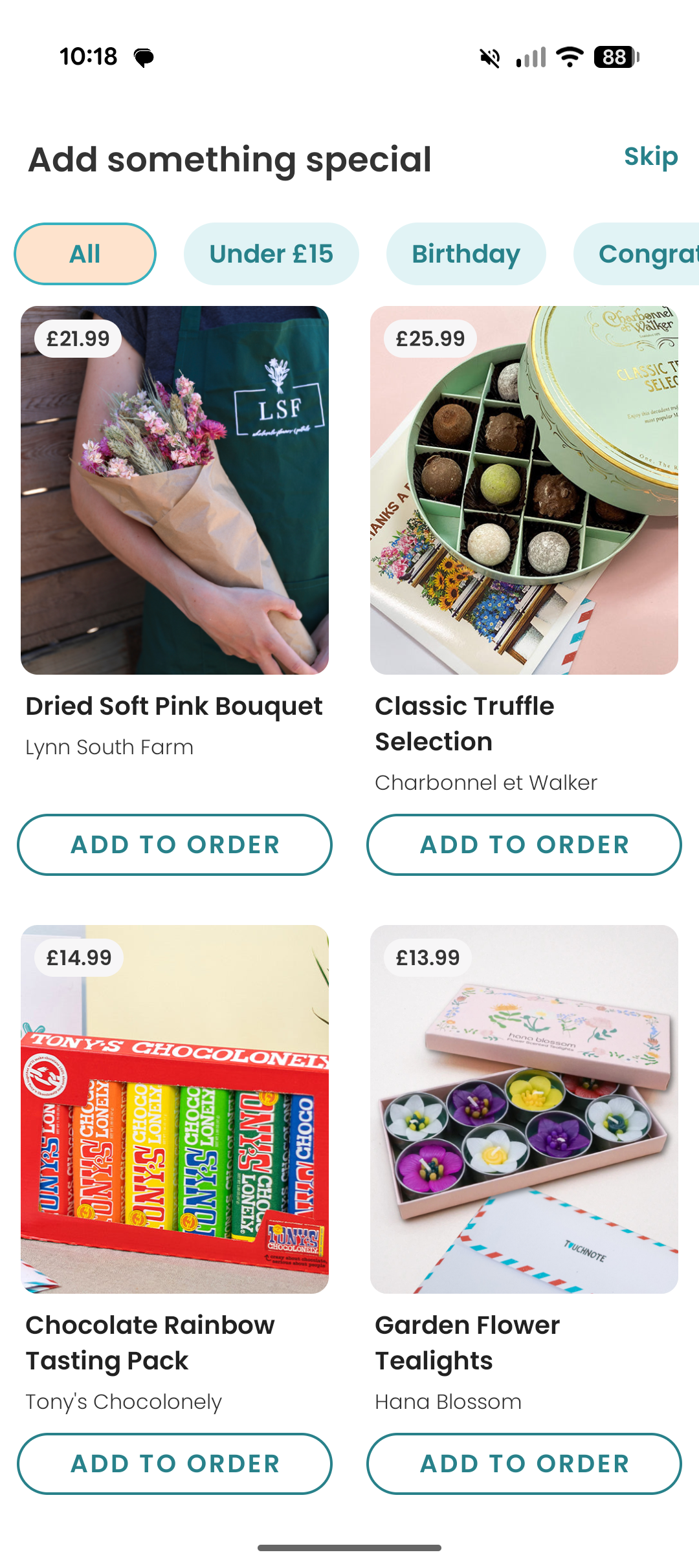Touchnote add-on gifts upsell screen