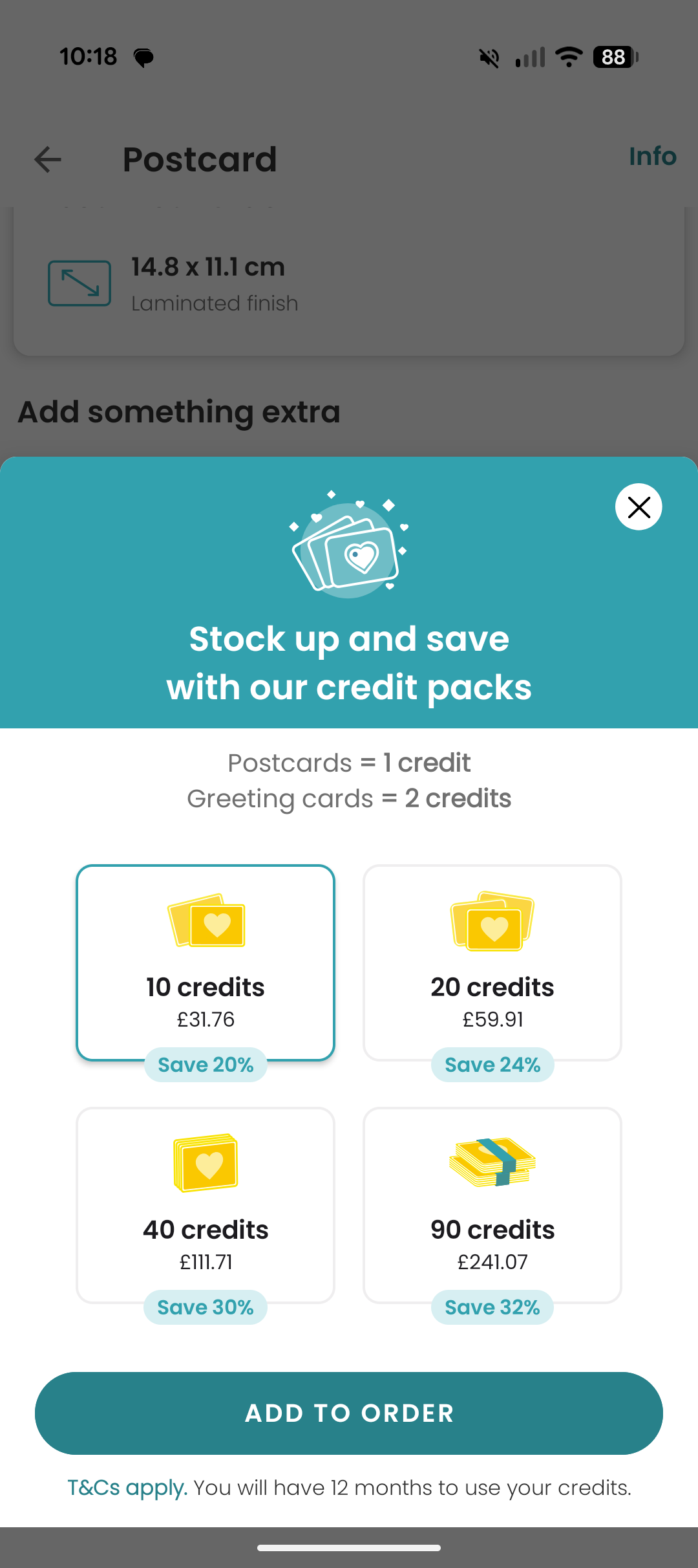 Touchnote credit packs upsell screen