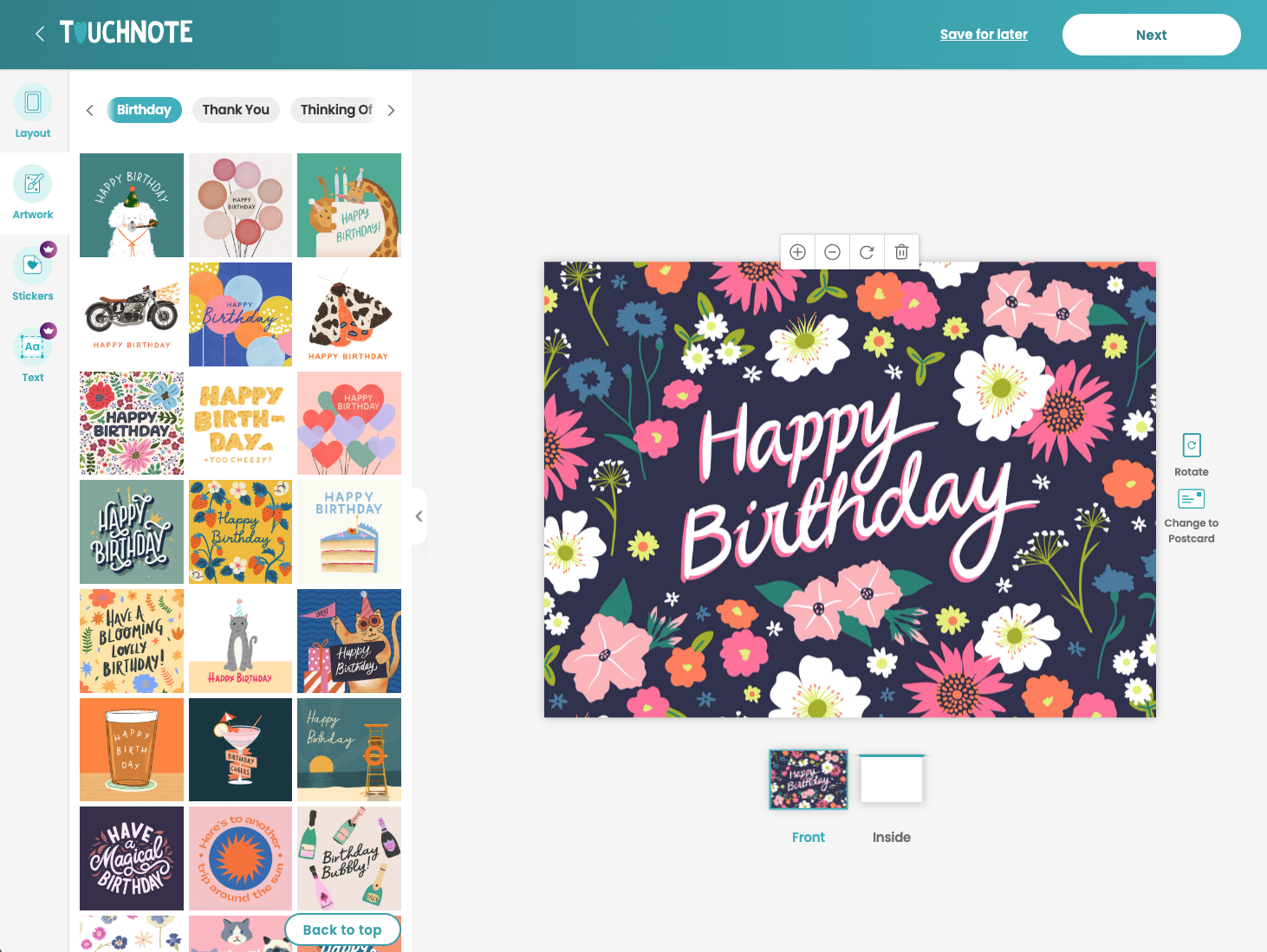 Touchnote website card editor with design gallery